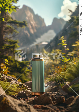 Light green stainless steel thermos on a trail with breathtaking mountain views, perfect for outdoor lifestyle and adventure branding 117823578