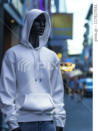 Hooded sweatshirt on a mannequin, set in an urban setting, ideal for streetwear and modern fashion mockups Hooded sweatshirt on a mannequin, set in an urban setting, ideal for streetwear and modern fashion mockups 117823581