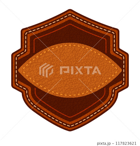 Leather label with grungy texture and seam. Brown lag element or sign, isolated for cloth design Leather label with grungy texture and seam. Brown lag element or sign, isolated for cloth design 117823621