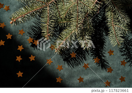 Abstract green velvet Christmas background with Christmas tree branches and gold stars. Abstract green velvet Christmas background with Christmas tree branches and gold stars. 117823661
