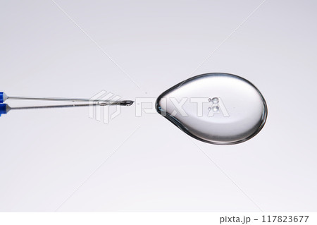 A drop of medicine flowing from a syringe with a needle. A drop of medicine flowing from a syringe with a needle. 117823677