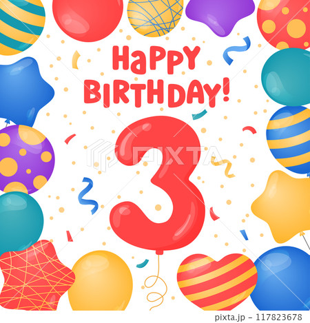 Happy Birthday 2 years card design. Second Birthday celebration. Vector illustration. Bday greeting card template. Helium balloons, confetti, number two and text. Fun colorful postcard, party objects 117823678