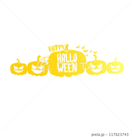 Happy Halloween text Banner or label. Vector halloween calligraphic text label with scary pumpkin isolated on white background. Halloween banner design template 117823743