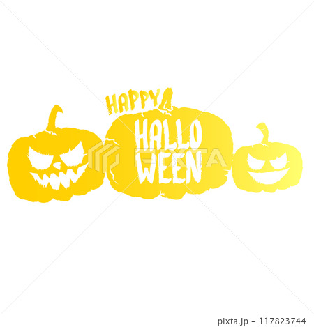 Happy Halloween text Banner or label. Vector halloween calligraphic text label with scary pumpkin isolated on white background. Halloween banner design template 117823744