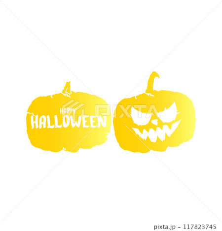 Happy Halloween text Banner or label. Vector halloween calligraphic text label with scary pumpkin isolated on white background. Halloween banner design template 117823745