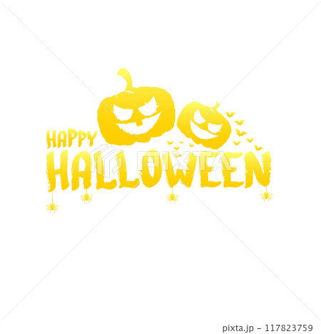 Happy Halloween text Banner or label. Vector halloween calligraphic text label with scary pumpkin isolated on white background. Halloween banner design template 117823759