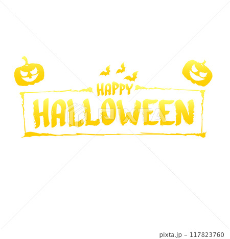 Happy Halloween text Banner or label. Vector halloween calligraphic text label with scary pumpkin isolated on white background. Halloween banner design template 117823760