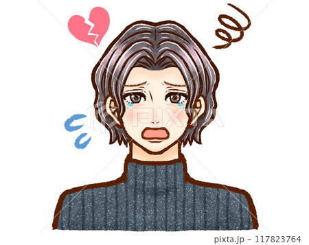涙を流して悲しむパーマの大人男性の泣き顔イラスト素材 涙を流して悲しむパーマの大人男性の泣き顔イラスト素材 117823764