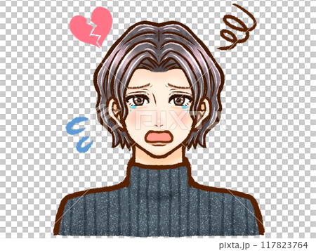 涙を流して悲しむパーマの大人男性の泣き顔イラスト素材 涙を流して悲しむパーマの大人男性の泣き顔イラスト素材 117823764