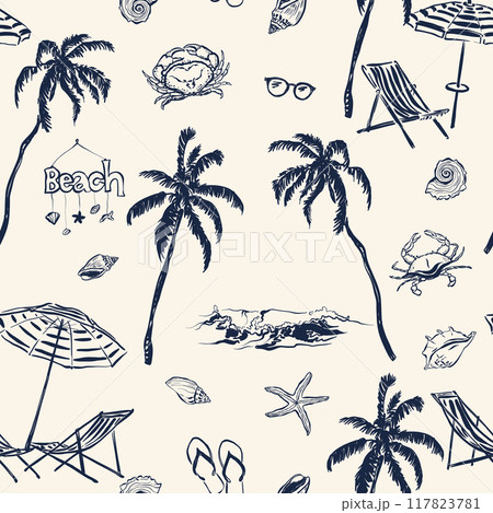 Vector beach accessories seamless pattern. Hand painted elements-palm, wave, shell, starfish, crab, umbrella and sunglasses isolated on beige background. For design, print, interior or background. 117823781
