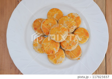 peanut cookies on white plate, closeup of photo 117823837