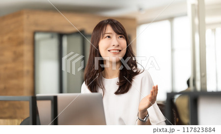 デスクワークをする笑顔のビジネスウーマン デスクワークをする笑顔のビジネスウーマン 117823884