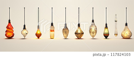 Christmas themed lamps and garlands with cozy holiday lights. Xmas ornament with shiny toys. Generated AI. 117824103