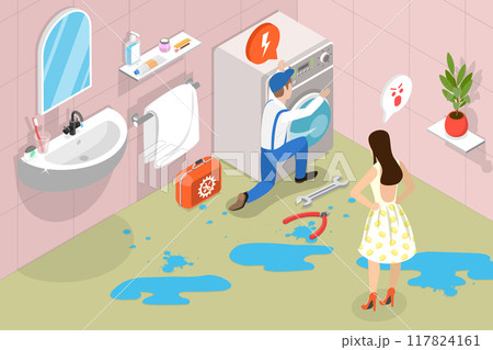 3D Isometric Flat Vector Illustration of Plumbing Repair Service, Faucet or Water Leakage Problems 117824161