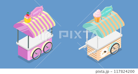 3D Isometric Flat Vector Illustration of Sweets and Ice Cream Wagons, Sweet Treats on Wheels 117824200
