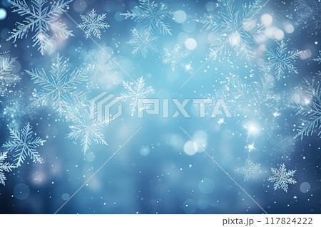 Christmas background with snowflakes and bokeh. Winter holidays celebration backdrop with snow on blurred background. Generated AI. Christmas background with snowflakes and bokeh. Winter holidays celebration backdrop with snow on blurred background. Generated AI. 117824222