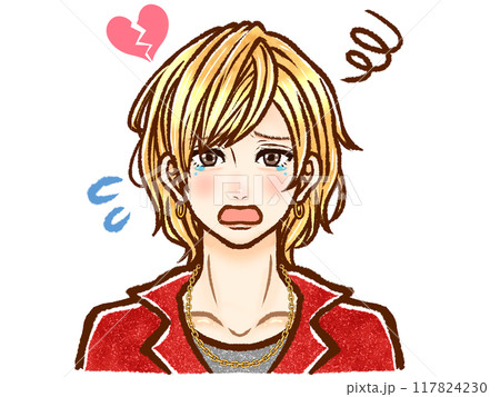 涙を流して悲しむ金髪ホスト大人男性の泣き顔イラスト素材 117824230