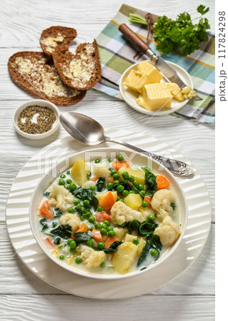 Kesakeitto, Finnish summer veggies soup in a bowl Kesakeitto, Finnish summer veggies soup in a bowl 117824298