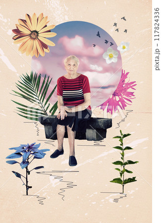 Smiling senior lady sitting in park during summer - collage with design in retro style Smiling senior lady sitting in park during summer - collage with design in retro style 117824336