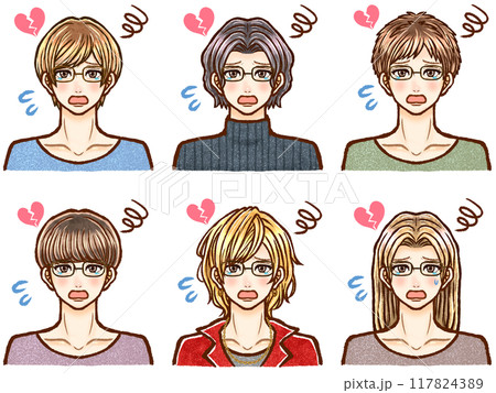悲しみで涙を流すイケメン大人男性のイラスト素材セット3 117824389