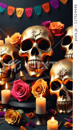 Mexico's Day of the Dead Festivities. Dia de Muertos with banner golden skulls, candles, roses on a stone background. 117824448