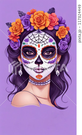Portrait of woman with Day of the Dead makeup and floral crown. 117824449