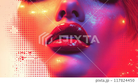 Close-up of glossy red lips, electric kiss halftone with vibrant lighting effects. 117824450