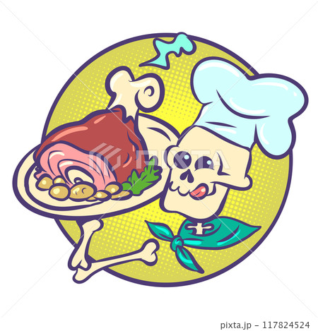 Skeleton cook holds a plate with tasty meat. Mexican holiday Day of the Dead and delicious food. Restaurant or snack bar logo. Skeleton cook holds a plate with tasty meat. Mexican holiday Day of the Dead and delicious food. Restaurant or snack bar logo. 117824524