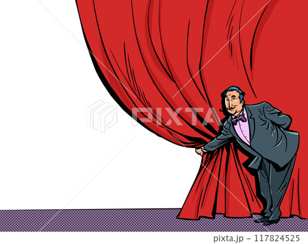 A man in a suit opens the red curtain. Invitation card to the performance. Help in revealing the hidden. A man in a suit opens the red curtain. Invitation card to the performance. Help in revealing the hidden. 117824525