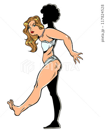 A woman is trying to fit into the silhouette of an ideal figure. The problem of high expectations in society. Work on your health and body. 117824528