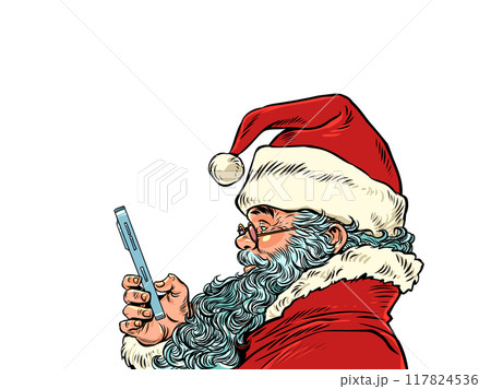 Santa Claus is using the phone. Seasonal offers and New Year's promotions. Delivery of gifts all over the world during Christmas. 117824536