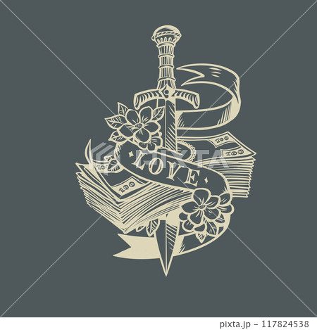 The sword pierces money with the inscription love. The problem of finances for the sake of good relationships. The primacy of love and feeling over money. The sword pierces money with the inscription love. The problem of finances for the sake of good relationships. The primacy of love and feeling over money. 117824538