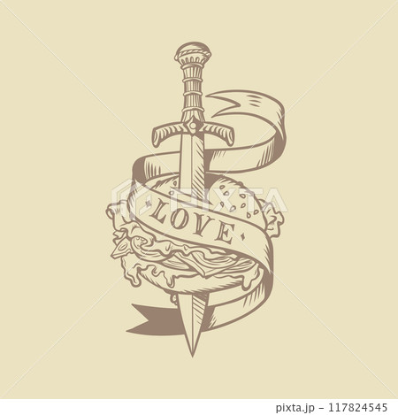 A sword pierces a burger with the inscription love. Fast fast food delivery for all customers. Fighting obesity and high-calorie foods. 117824545