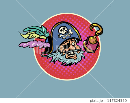 Happy pirate face with headband, hat and hook. An entertaining program for children with adventure. Cute and joyful mascot. 117824550