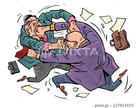 Male office employees in suits fight with each other. Business competition between companies. Problems with communication within the team. Male office employees in suits fight with each other. Business competition between companies. Problems with communication within the team. 117824555