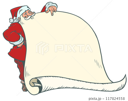 Santa Claus points to his beard, wish list. The upcoming New Year holiday and gifts. List of gifts for family and friends for Christmas. 117824558