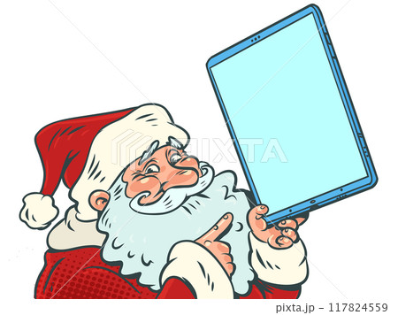 Santa Claus points to a blank electronic tablet. The upcoming New Year holiday. Selection of gifts on marketplaces. Santa Claus points to a blank electronic tablet. The upcoming New Year holiday. Selection of gifts on marketplaces. 117824559