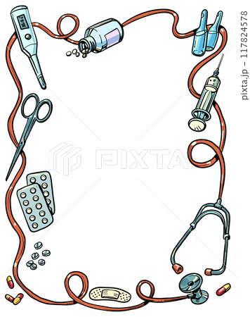 Tools and methods of treatment in medicine. Frame of illustrations related to patient treatment. Special offer for advertising pharmacies and medical services. Tools and methods of treatment in medicine. Frame of illustrations related to patient treatment. Special offer for advertising pharmacies and medical services. 117824578