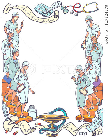 Illustration of doctors, medicines and medicine in general. A range of convenient medical services for clients. Take care of your health together with professional surgeons and doctors. Illustration of doctors, medicines and medicine in general. A range of convenient medical services for clients. Take care of your health together with professional surgeons and doctors. 117824579