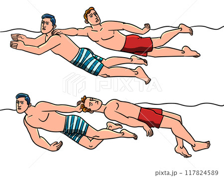 Rescue of a drowning man. A man helps his friend swim. A comic sketch of the correct assistance when swimming together. A friend will not leave a friend in trouble. Rescue of a drowning man. A man helps his friend swim. A comic sketch of the correct assistance when swimming together. A friend will not leave a friend in trouble. 117824589