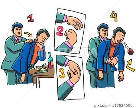 Heimlich maneuver, saving someone choking on food. An office colleague helps an employee at a corporate event. Instructions for helping when someone is choking. A comically funny sketch of the 117824590