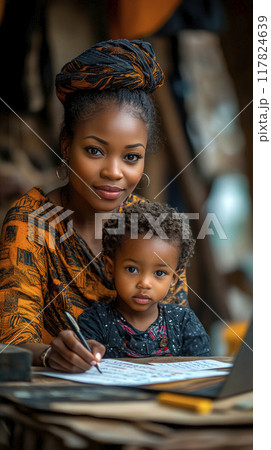 African mom and boy counting numbers to study mathematics, homework. 117824639