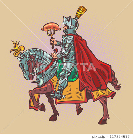 A knight in armor on an armored horse holds a sausage on a fork. Meat menu in a tavern, pub or bar. Medieval snacks at festivals. A knight in armor on an armored horse holds a sausage on a fork. Meat menu in a tavern, pub or bar. Medieval snacks at festivals. 117824655