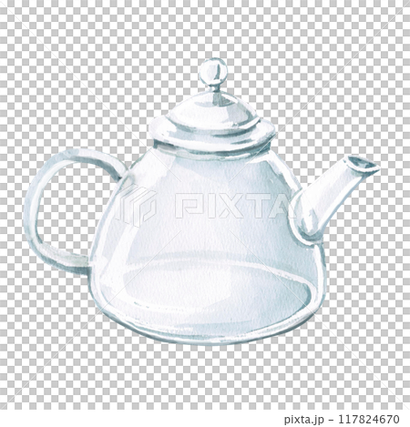 Glass teapot in watercolor illustration. Illustration on the theme of tea for packaging, postcards, cafes, herbal teas. Illustration isolated from the background 117824670