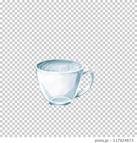 Glass cup in watercolor illustration. Illustration on the theme of tea for postcards, cookbooks, coffee shops. Illustration isolated from the background 117824673