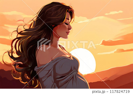 Pregnant woman in profile with her hands on her belly. 117824719
