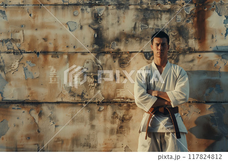A Martial Arts Master Stands Tall Against a Weathered Wall 117824812