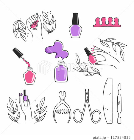 set of elements on theme manicure and pedicure. Hand drawn illustration set of elements on theme manicure and pedicure. Hand drawn illustration 117824833