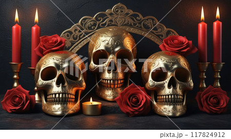 Mexico's Day of the Dead Festivities. Dia de Muertos with banner golden skulls, candles, roses on a stone background. 117824912