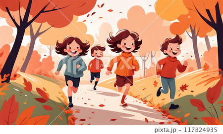 Cute cartoon of kids running and playing in sunlit park with autumn leaves or autumn garden, autumn time, joyful mood. 117824935